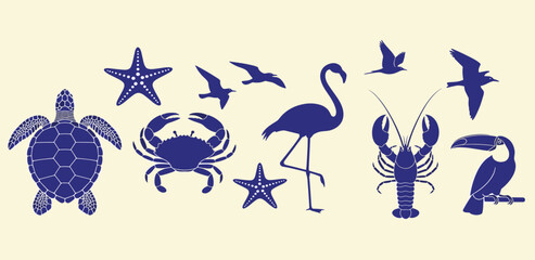 Obraz premium Collection of blue illustrations of marine life, including a turtle, crab, and starfish