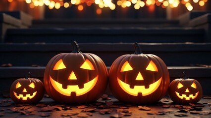 Illuminated Halloween Pumpkins Displayed with Festive Lights and Autumn Leaves