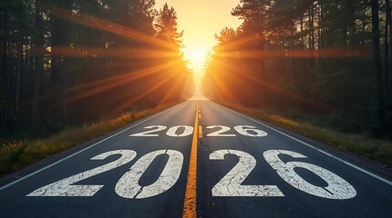 A long road stretching through a forest with bright golden sunlight glowing at the horizon. Marking the years 2026. are printed on the asphalt, symbolizing the journey into the future.