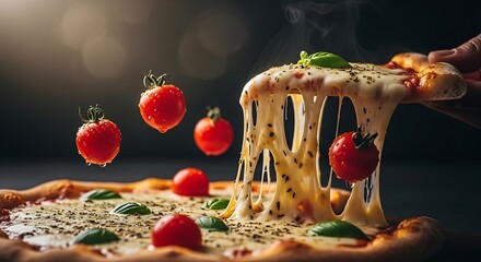 Exquisite pizza with melting cheese, ripe tomatoes, and basil on dark background