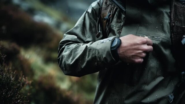 Medium shot of doublelayered jacket displaying seamless stitching and advanced waterrepellent technology for rugged wet weather use