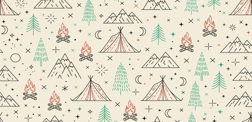 Camping Adventure Pattern Tents, Bonfires, Mountains, and Pine Trees