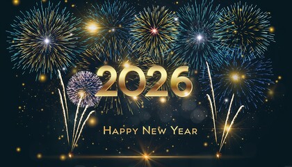 Happy New Year 2026, a fireworks celebration, with vibrant bursts of blue, gold and white lights for a dramatic festive atmosphere.