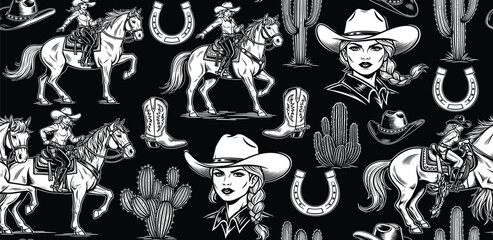 Cowgirl illustrations and rodeo elements in a black and white western theme