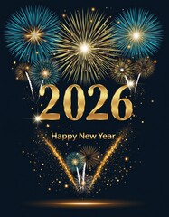 Happy New Year 2026, a fireworks celebration, with vibrant bursts of blue, gold and white lights for a dramatic festive atmosphere.