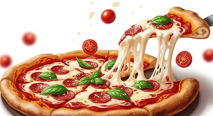 Delicious pepperoni pizza with melted cheese, basil, and cherry tomatoes