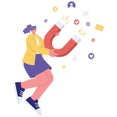Marketing Concept Illustration. Vector illustration of Woman using a magnet to attract likes, followers, and shopping icons, symbolizing lead generation and engagement. Isolated on background