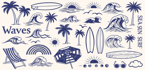 Collection of beach and surf elements including waves, palm trees, surfboards, and sun for summer and travel designs