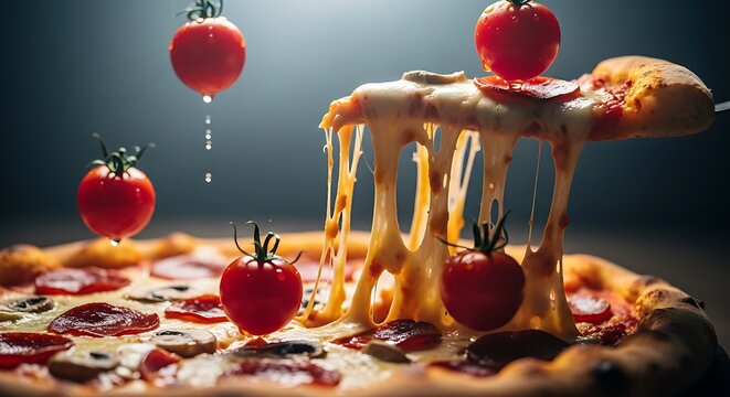 Closeup of a delicious pizza with melted cheese and fresh tomatoes - Powered by Adobe