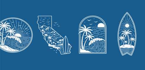 Coastal California surf adventure illustrations capturing scenic beaches, crashing ocean waves, majestic palm trees, and classic surfboards, perfect for summer designs