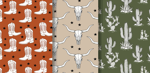 Seamless Patterns Western-Themed, Cowboy Boots, Longhorn Skull, Cactus, Starry Night & Desert Style