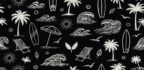 Beach vacation and summer holiday seamless pattern with palm trees, surfboards, waves, and beach chairs