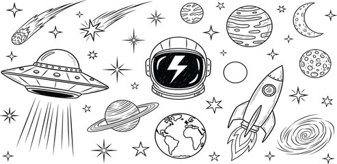 Hand-drawn space concept elements planets, rockets, a UFO, astronaut helmet, stars, and meteors, ideal for cosmic themes, adventure designs, and educational illustrations