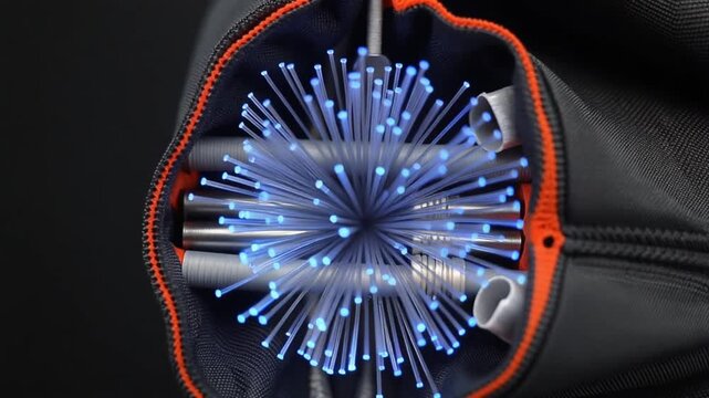 Detailed cross-section of a fiber-optic trunk with thousands of glowing strands carrying light&mdash;ultramodern communications visualization for broadband and data-center themes