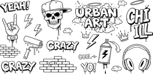 Urban art graffiti and street culture illustrations with spray paint, music, and skull elements