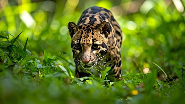 Clouded Leopard Stalking Through Lush Green Jungle Environment.