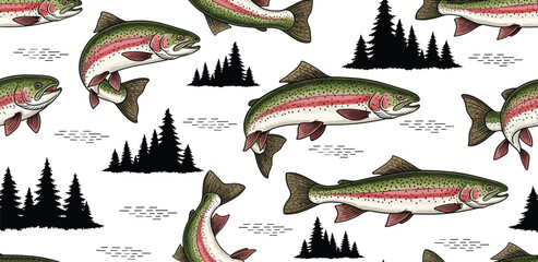 Seamless pattern of rainbow trout fish and pine trees, perfect for outdoor and nature-themed designs
