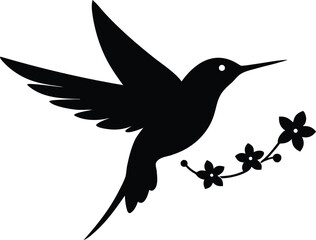 Hummingbird and Flower Silhouette Vector – Nature Wildlife Bird Clipart Design