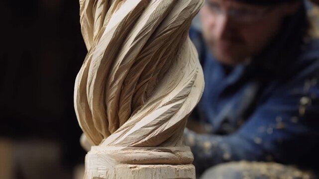 Medium shot capturing the detailed process of planing a twisted wood piece highlighting the intricate motions required to smooth complex irregular shapes.