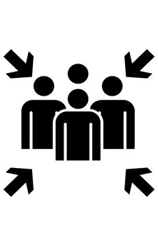 Emergency assembly meeting spot icon. People gathering together safety symbol. Solid black graphic, four inward arrows.