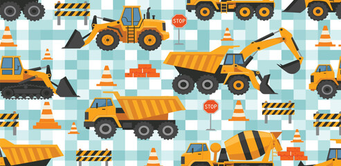 Construction vehicle pattern with diggers, dump trucks, concrete mixer, cones, and barriers on a blue checkered background