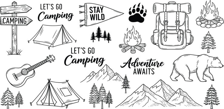 Camping adventure vector illustrations featuring tents, campfire, guitar, backpack, bear, and mountains, perfect for outdoor activities and travel themes