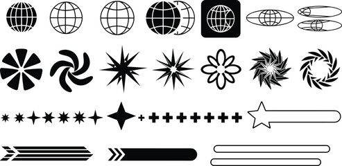 Elegant Black and White Graphic Elements Globes, Stars, Spirals, Arrows