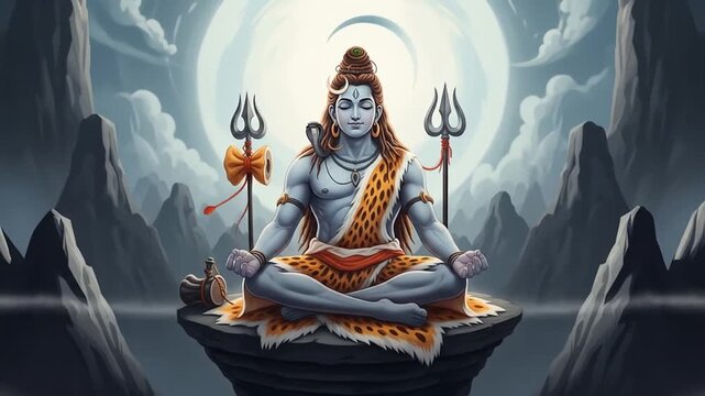 Meditative Lord Shiva Illustration in Mountain Scenery for Spiritual or Cultural Projects