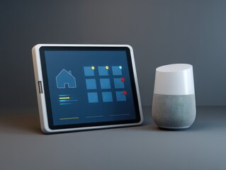 Smart home control system concept with tablet and speaker