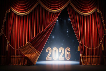 Dreamy hot air balloon ride above clouds at sunrise with 2026 new year celebration concept art