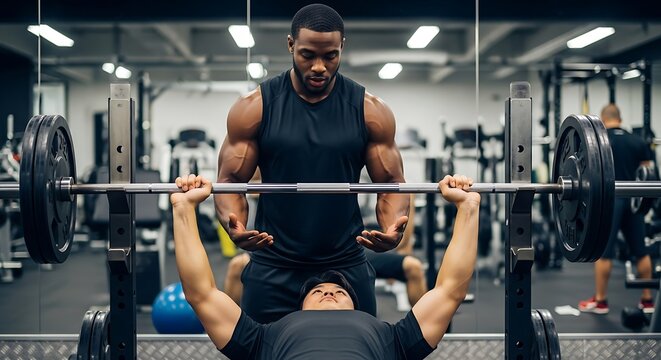 A person bench pressing in a gym with a spotter standing behind.