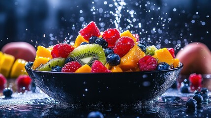 a vibrant medley of refreshing fruits beautifully arranged in a dark bowl, sprinkled with crystalline water drops enhancing the colors and textures