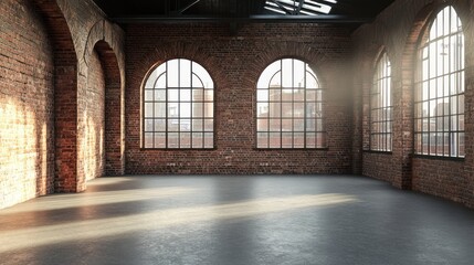 sunlit loft space featuring exposed brickwork and towering arched windows, offering industrial charm and creative possibilities