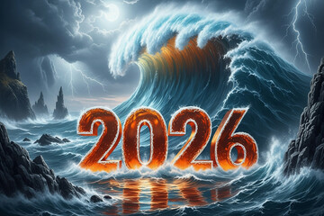 Red stage curtains opening to reveal year two thousand twenty six with bright spotlights shining