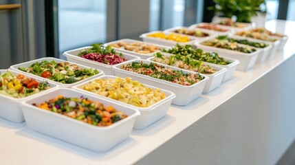 display of assorted fresh salads in individual white containers showcasing a vibrant and healthy culinary selection on white surfaces