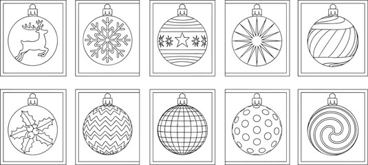 PrintChristmas ornaments collection black and white line art, festive baubles illustration, holiday decoration design, winter celebration coloring page outline