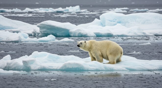 Majestic polar bear surveys icy Arctic landscape, a powerful symbol of nature's resilience and the urgent need for environmental conservation.