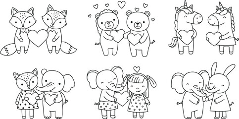 PrintCute animal couple illustration holding hearts, romantic cartoon drawing, adorable love characters, Valentine’s day coloring page, friendship and affection artwork