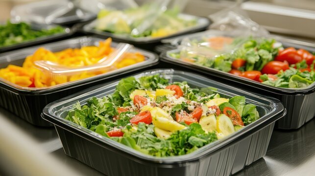 freshly prepared salads in plastic containers offering convenience and health consciousness for a modern on the go lifestyle choice