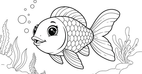 PrintCute cartoon fish underwater, smiling goldfish swimming with bubbles, seaweed and coral reef, ocean life illustration, vector coloring page art