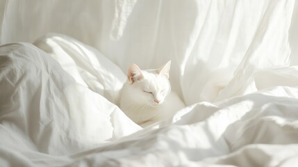 a pristine white feline enveloped in serene slumber amidst the gentle embrace of luxurious white bedding, a quiet moment