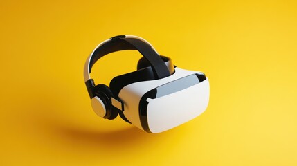 immersive reality experience with vr headset and headphones against bright yellow backdrop promoting technological advancement and entertainment