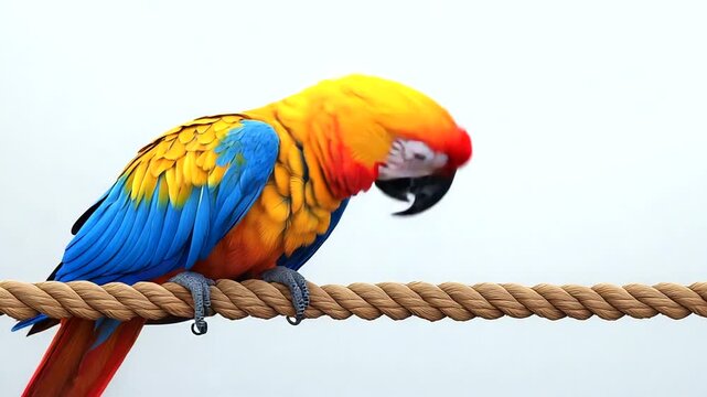 Vibrant parrot perched on rope against white backdrop