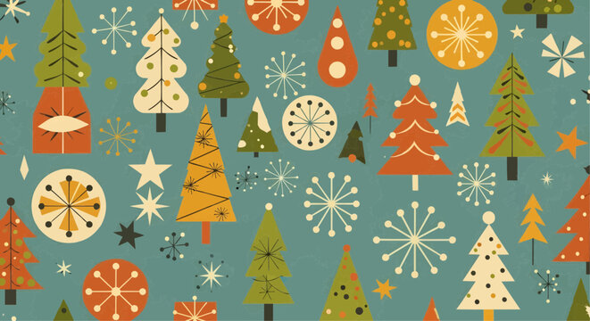 Retro Mid-Century Modern Seamless Christmas Pattern with Stylized Trees and Starbursts