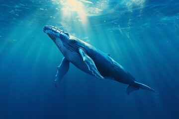 Fototapeta premium A humpback whale swimming in the ocean with sunbeams shining through the water