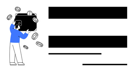 Person holding a large wallet with coins falling, symbolizing savings, finance control, investment. Ideal for finance, budgeting, income, economy wealth savings and investing themes. Simple flat