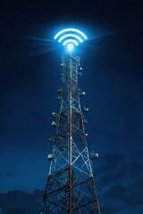 Telecommunication tower with glowing wifi signal night