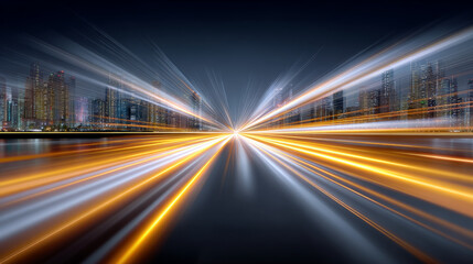 Cityscape bursts with energy and excitement as light streaks dance across buildings, creating futuristic, dynamic urban scene
