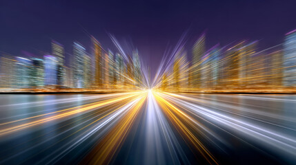 Neon light streaks illuminate modern cityscape, creating vibrant, energetic atmosphere and sense of speed and excitement