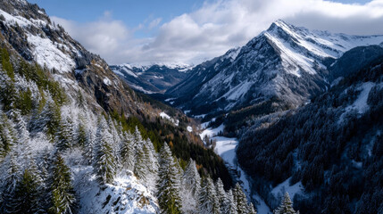 Inspiring view of valley covered in snow during winter as sun rises, truly breathtaking sight and feeling peace and tranquility
